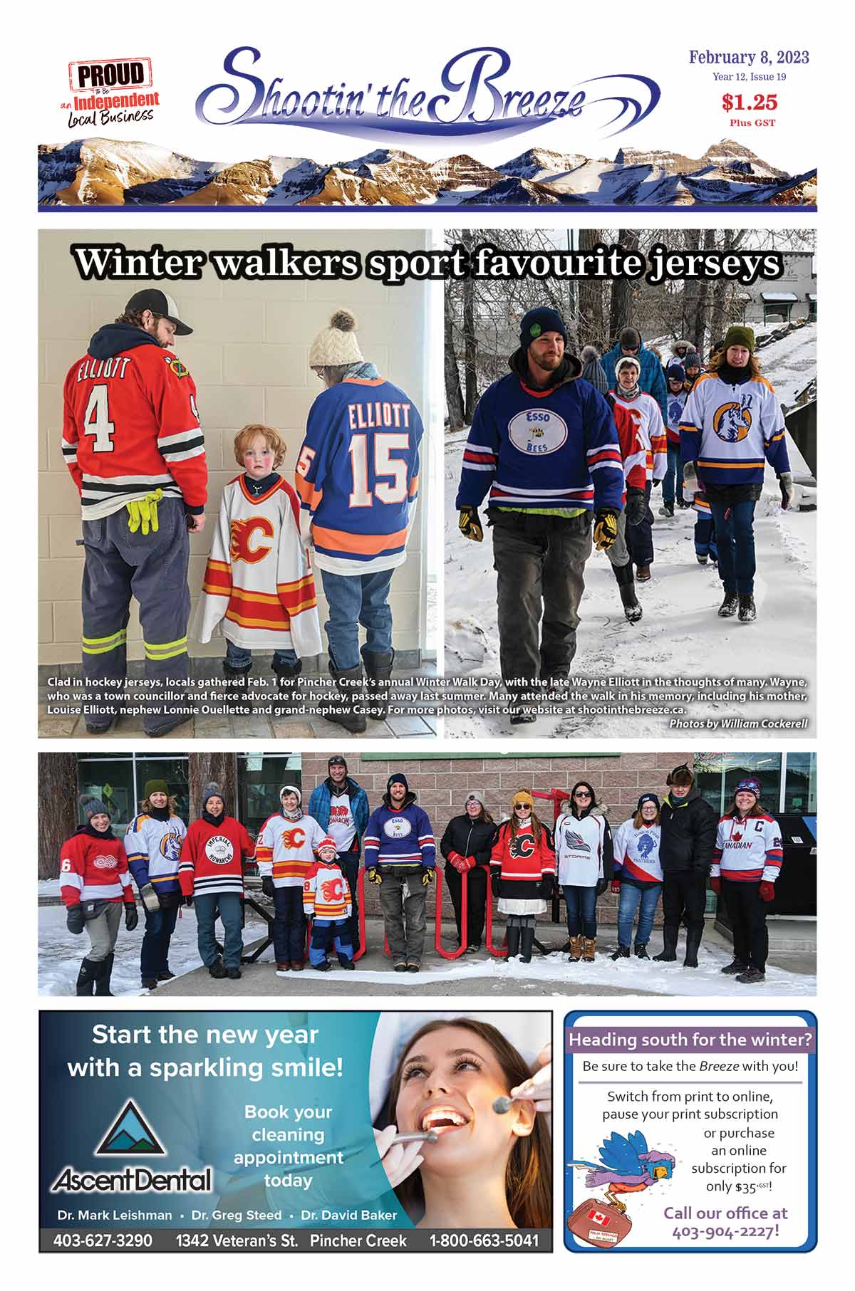Front page of Feb. 8, 2023 issue of Shootin' the Breeze newspaper. Many people, wearing coloured hockey jerseys, walk on a cold winter morning