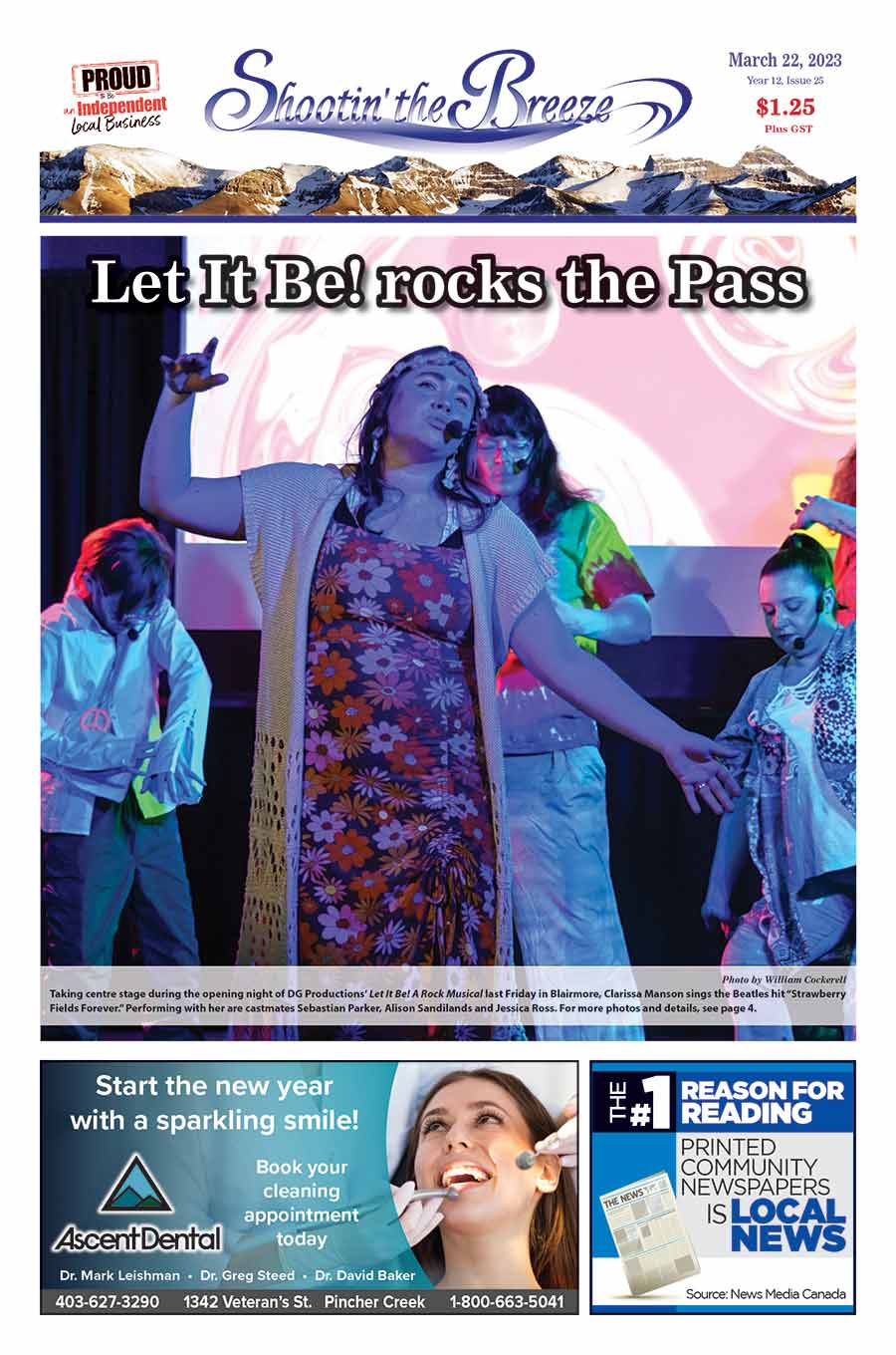 Woman in hippy outfit sings on stage on the front page of Shootin' the Breeze