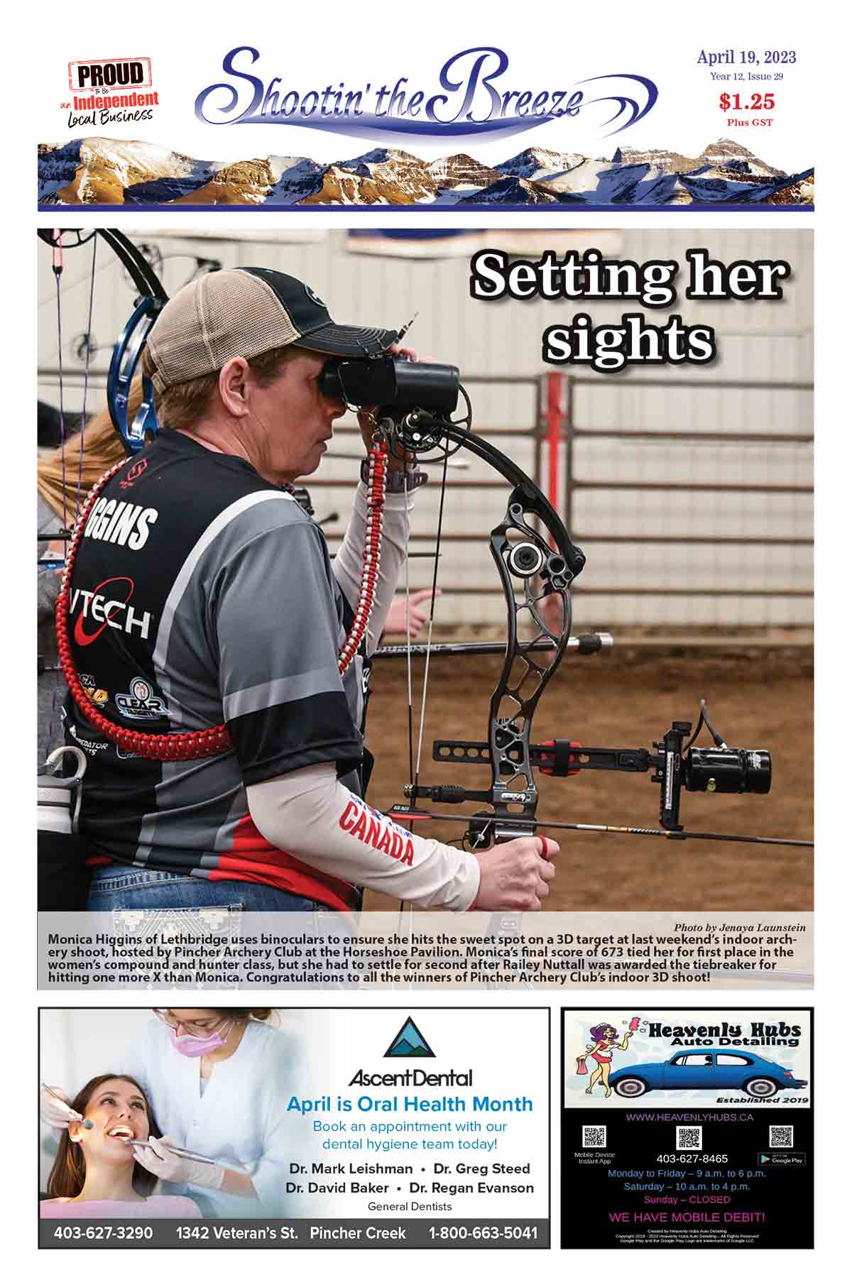 Front page of April 19 issue of Shootin' the Breeze. Feature image is a woman looking through binoculars at an archery target