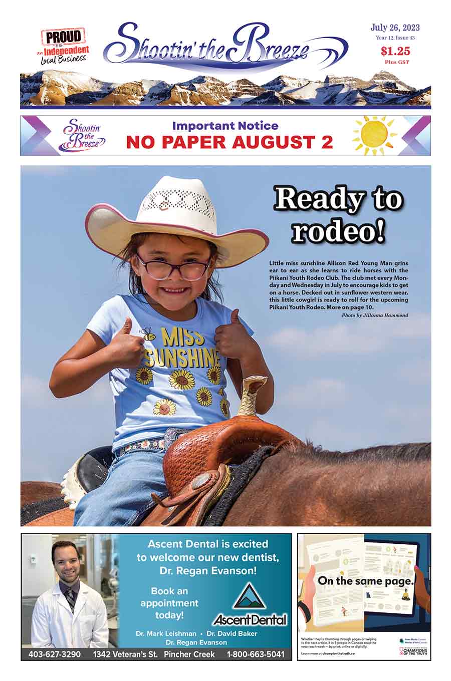 Young Indigenous girl in glasses and cowboy hat and shirt reading Little Miss Sunshine rides a brown horse