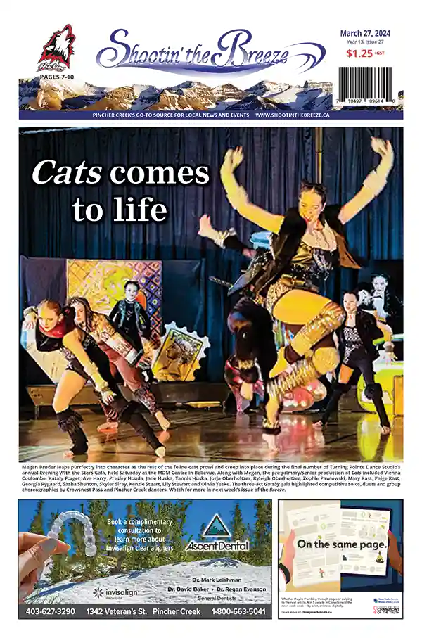 Dancers perform Cats on front page of March 27, 2024, issue of Shootin' the Breeze