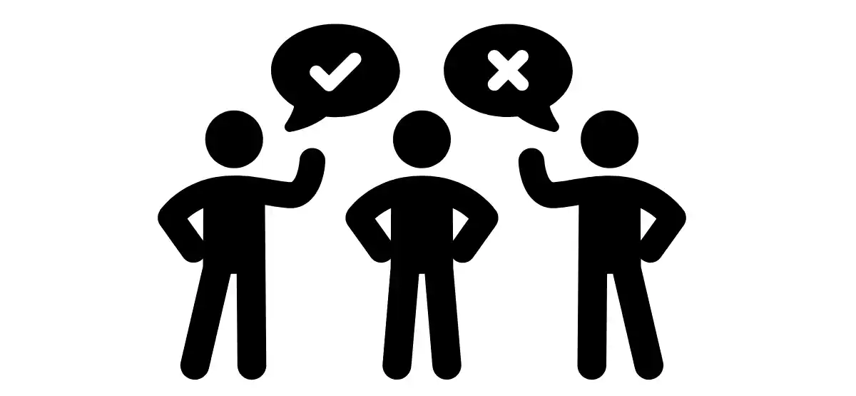 Three stick figures stand together; one has a speech bubble with a checkmark, another has a speech bubble with an "X," and the middle figure has no speech bubble.