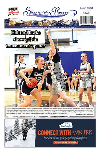 "The front page of the Jan. 29, 2025, issue of Shootin' the Breeze features Aleena Vandersteen, a basketball player in a dark Halton Hawks uniform, preparing to shoot while being defended by an opponent in a light uniform. Two teammates and the referee are in the background. Below is an advertisement for Castle Mountain Ski Resort. Shootin' the Breeze is a community newspaper and website covering Pincher Creek, Crowsnest Pass and southwestern Alberta news."