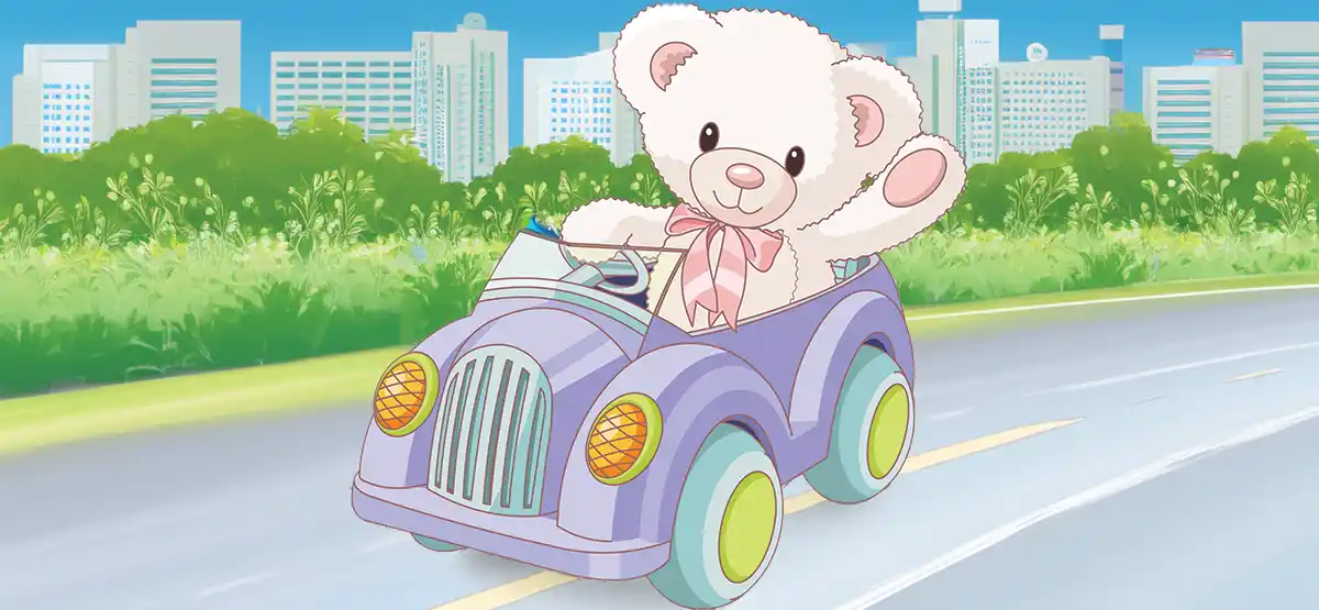A cute white teddy bear with a pink bow is driving a small purple car on a road. The bear is waving and smiling. The background features green bushes and a city skyline with tall buildings under a blue sky.