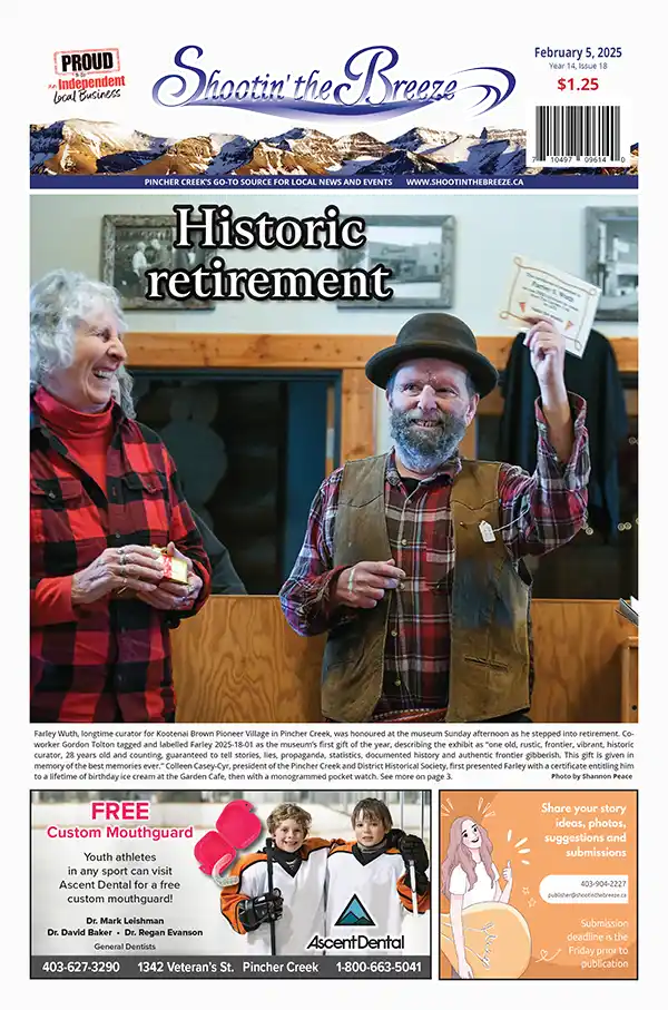 The front page of the Feb. 5, 2025, issue of Shootin' the Breeze features Colleen Casey-Cyr dressed in a red-and-black plaid shirt, laughs as Farley Wuth, wearing his trademark brown hat, plaid shirt and brown vest, holds up a certificate entitling him to birthday ice cream. The headline reads "Historic Retirement." Below is an Ascent Dental promotion for free mouthguards and an invitation to send news stories to Shootin' the Breeze.
