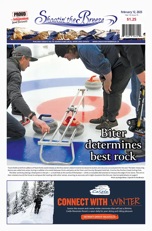 Front page of Feb. 12, 2025, issue of Shootin' the Breeze features curling rocks being measured to see which is closest to the button with one man kneeling and another standing and looking down on the biter measuring device.