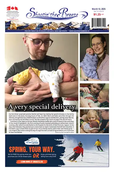 The front page of the March 12, 2025, issue of Shootin' the Breeze features a photo of Sean Oliver holding his newborn daughter in crossed arms. He is looking down at her. Three smaller photos on the side show mom Rachel with the baby and young siblings with the baby. Below is an image featuring spring skiing at Castle Mountain Resort