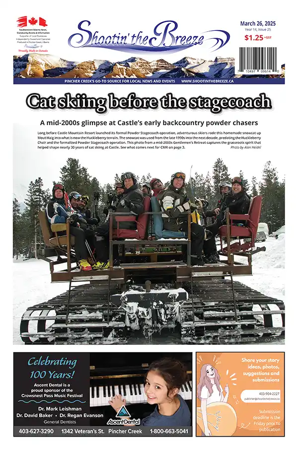 The front page of the March 26, 2025, issue of Shootin' the Breeze features a group of skiers sitting on a makeshift stagecoach atop snow tracks. Above, a headline reads "Cat skiing before the stagecoach."