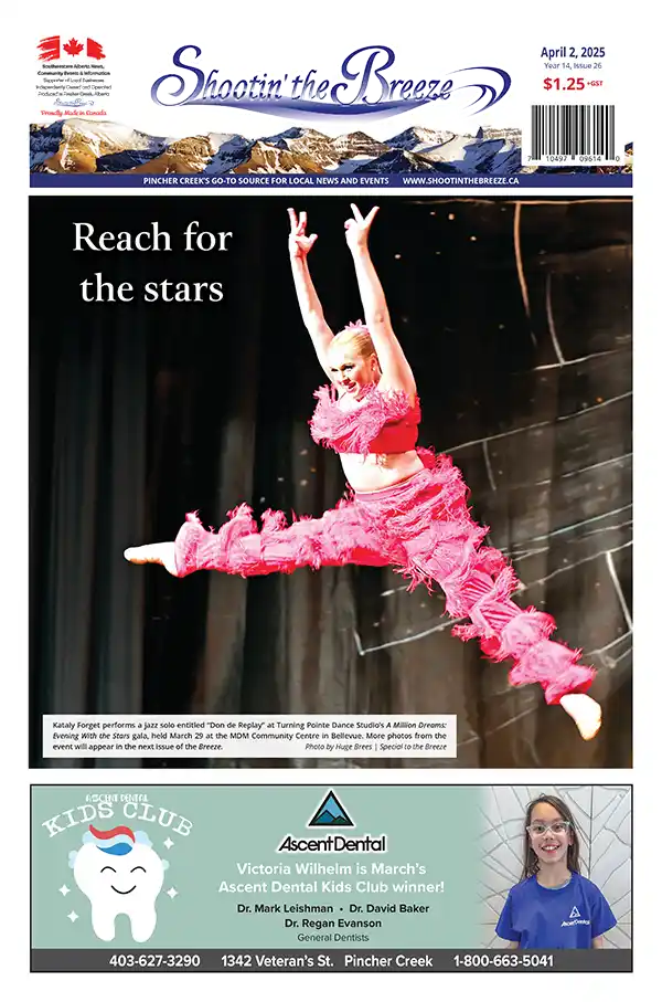 A girl performs a mid-air leap in a vibrant pink dance outfit against a black background. The text "Reach for the stars" is beside her. Below is a dental ad featuring a smiling woman in a dental-themed shirt, along with contact information.