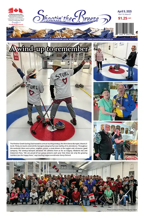 Front page of a newspaper featuring a curling theme. The main image shows two curlers on the ice. Smaller images include a curling game, two people with a gift, a man with a flag, and a large group photo. Header reads "Shootin’ the Breeze.