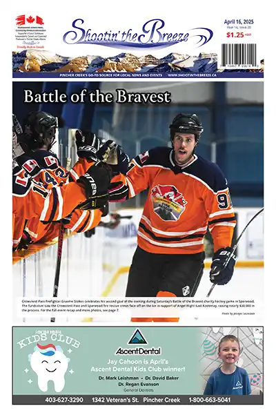 Hockey players in black and orange uniforms celebrate on the ice rink. One player skates forward with a hockey stick raised, while teammates reach out toward him. The headline reads "Battle of the Bravest.