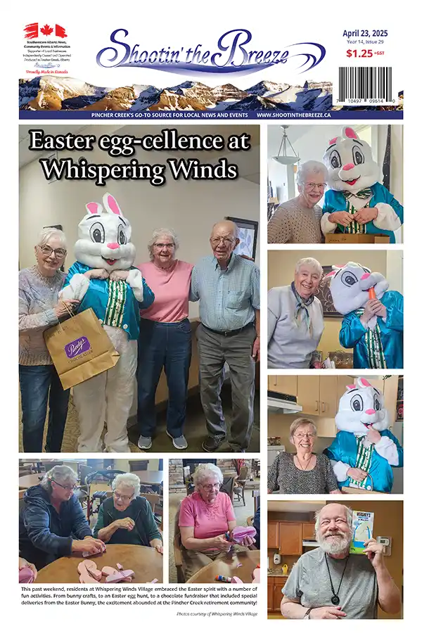 The front page of the April 23, 2025 issue of Shootin' the Breeze shows seniors at Whispering Winds Village interacting with a person in an Easter Bunny costume, receiving treats, crafting, and smiling during an Easter event.