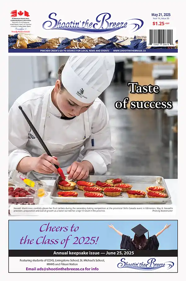 A young chef in a white uniform and hat carefully decorates pastries with strawberries in a professional kitchen. The text reads "Taste of success." The page also congratulates the Class of 2025.