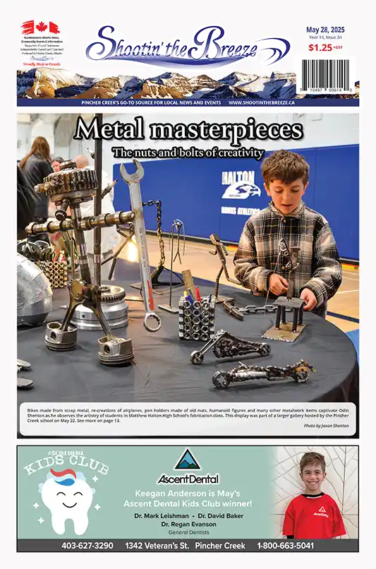 Front page of Shootin’ the Breeze featuring a student examining metal artwork created by Matthew Halton High School fabrication students.