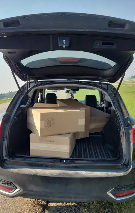 An open SUV trunk filled with several large cardboard boxes, parked outdoors near a grassy field under a clear sky.