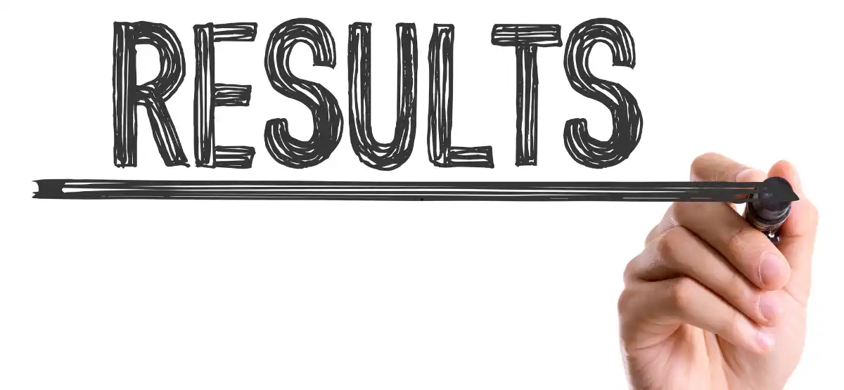 A hand holding a black marker draws a line under the large word "RESULTS" written in bold, sketch-style uppercase letters on a white background.