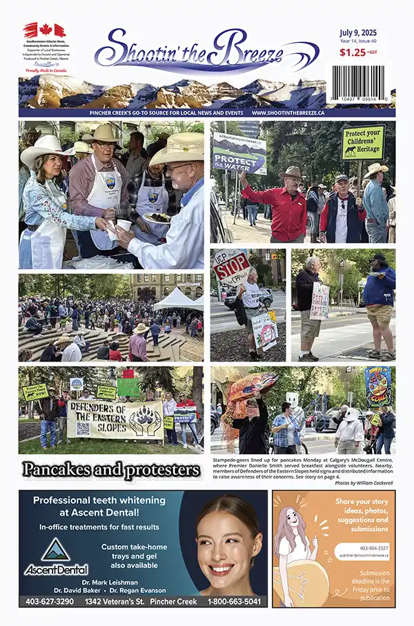 A newspaper cover features photos of people at an outdoor event with signs, protesters, and booths. The headline reads “Pancakes and protesters.” Ads and the date July 9, 2025, appear at the bottom.