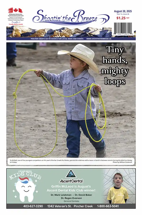 Young cowboy Ty McNeil practices with lasso at Pincher Creek Pro Rodeo Kids Fun Rodeo Friday