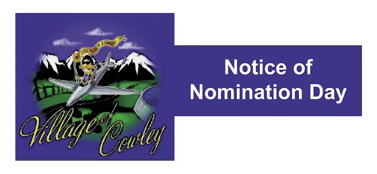 Colorful nomination notice with blue header and Village of Cowley logo showing eagle with spread wings over green landscape