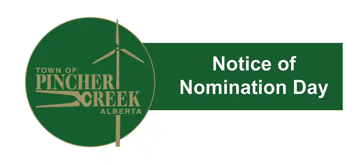 Green-themed nomination notice document featuring Town of Pincher Creek logo with wind turbine and mountain imagery