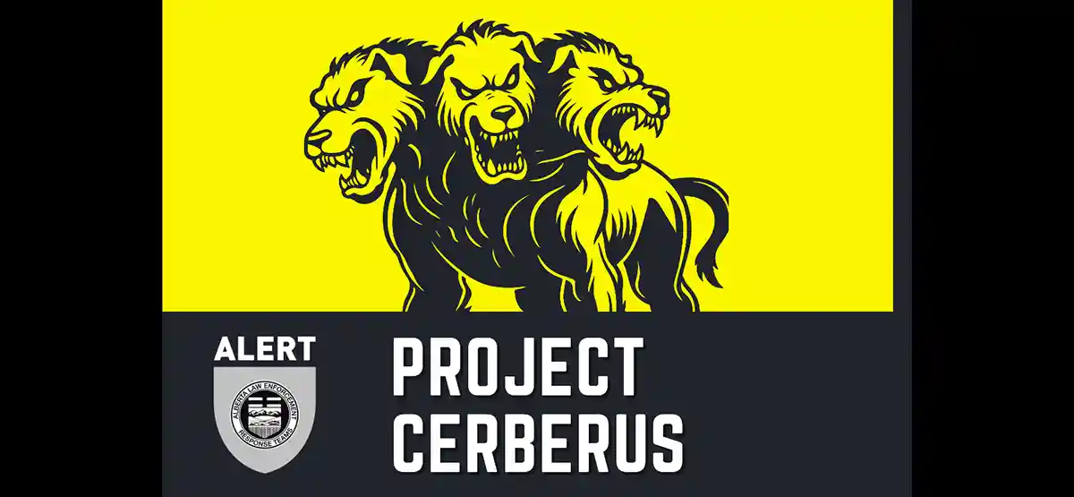 Project Cerberus logo featuring three-headed dog design for ALERT drug investigation